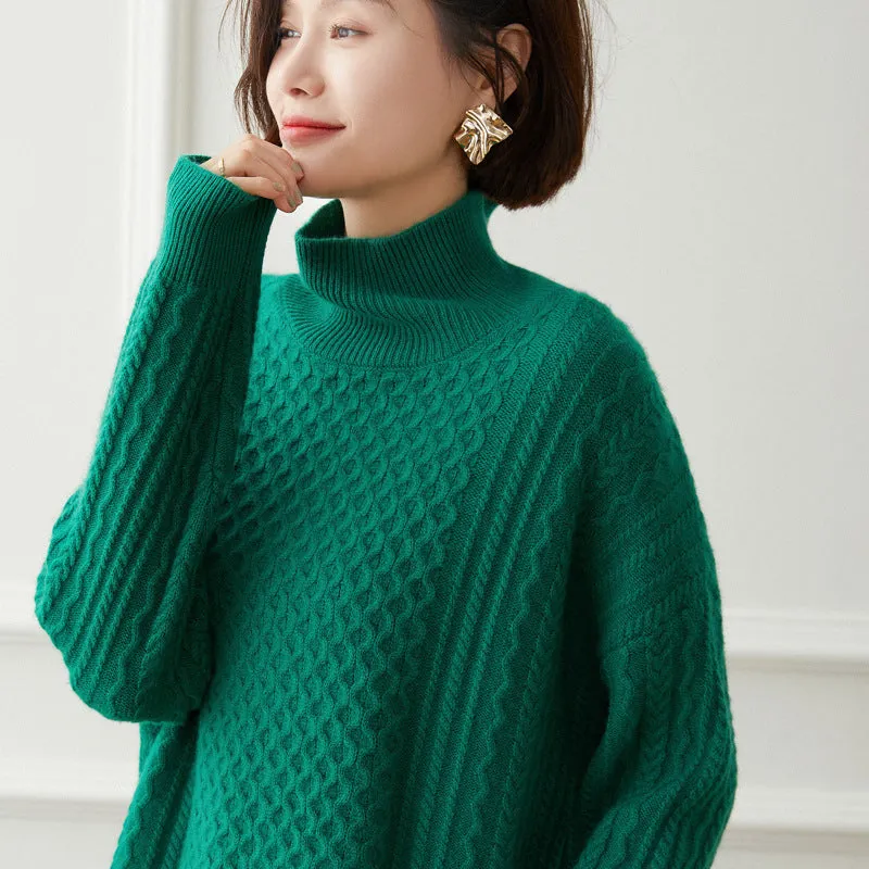High Round Neck Loose Thickened Bottoming  Cashmere Sweater for Women