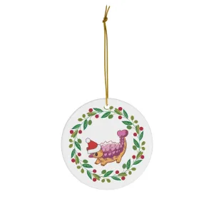 Holiday Lesbian Pride Ankylosaurus Ceramic Ornament - Wreath Edition