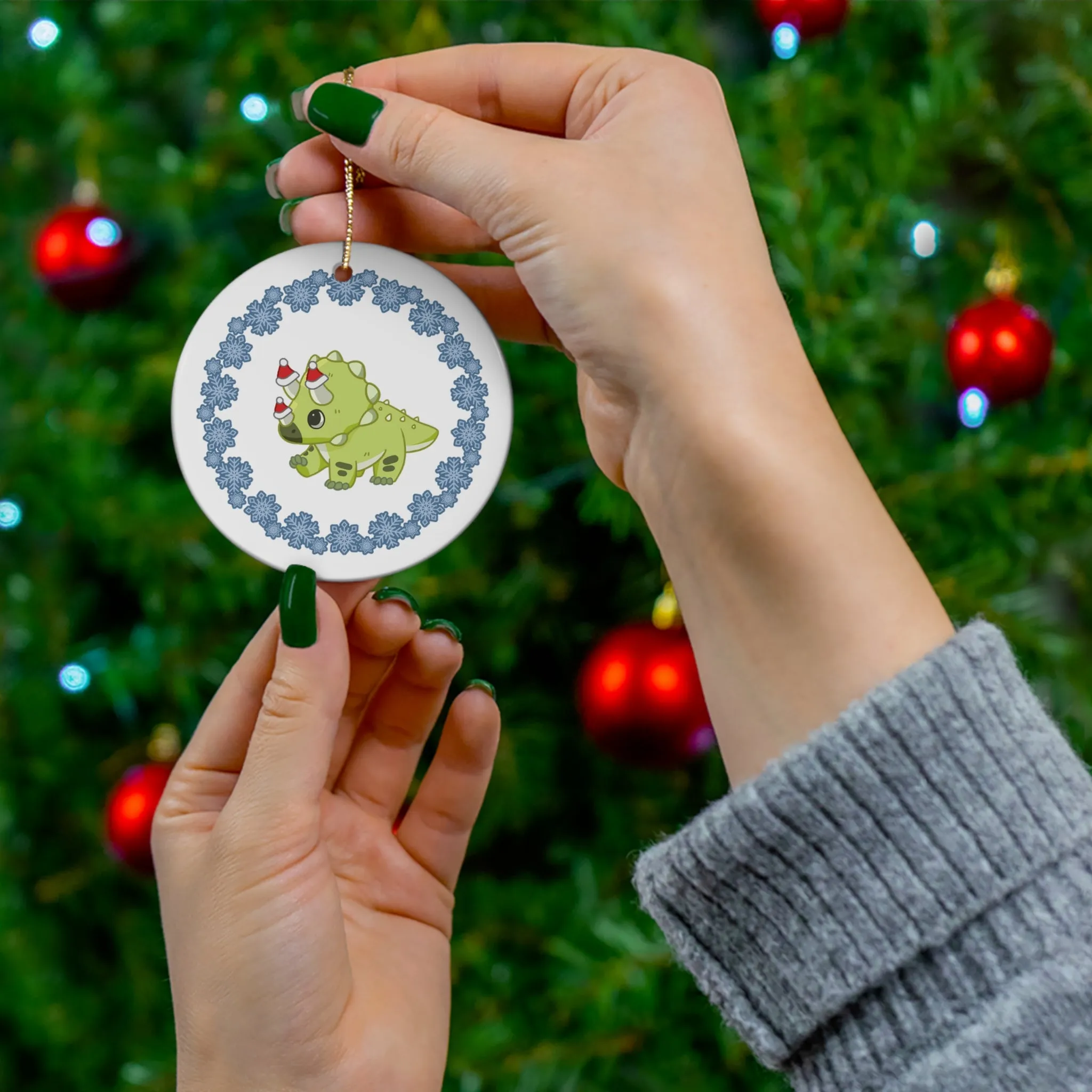 Holiday Triceratops - Ceramic Ornament - Snowflake Edition