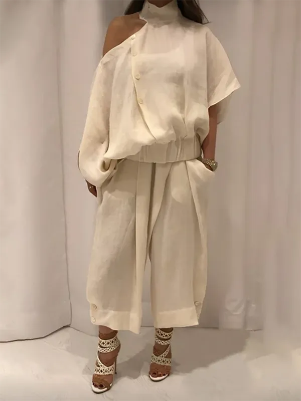 Hollow Solid Color Irregularity Loose Cold Shoulder Blouses&Shirts Tops