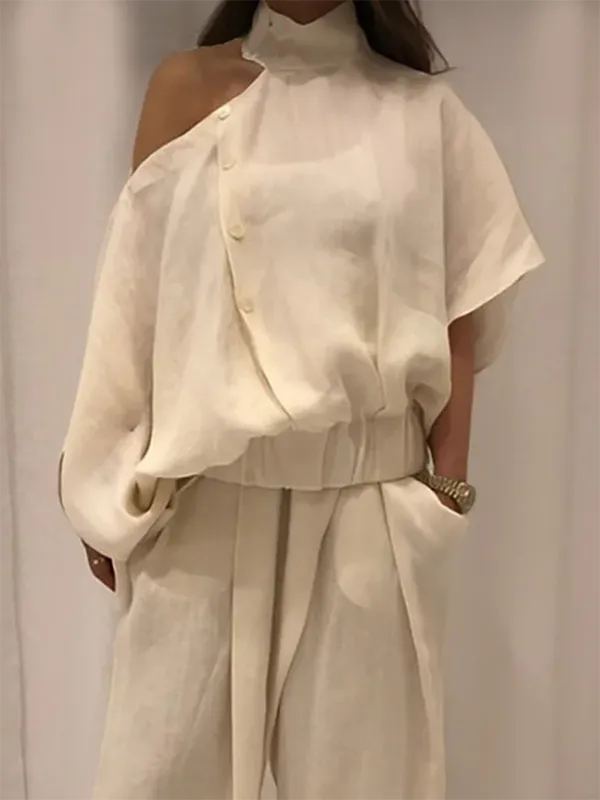 Hollow Solid Color Irregularity Loose Cold Shoulder Blouses&Shirts Tops