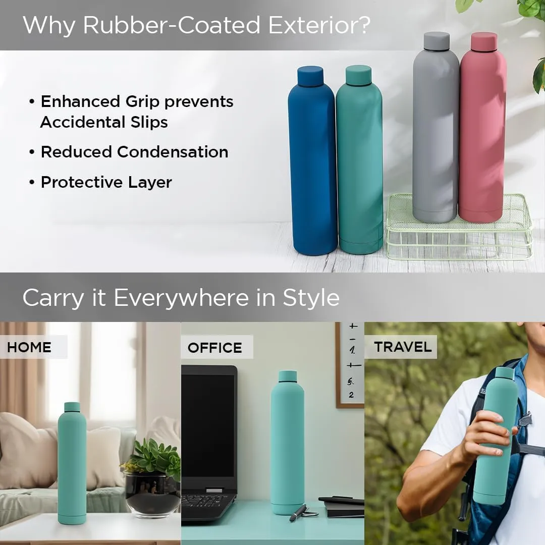 Homestic Water Bottle | Vacuum Insulated Travel Bottle | Hot & Cold Water Bottle | Smooth Rubber Finish Water Bottle | 1 LTR | PC-23823A | Blue