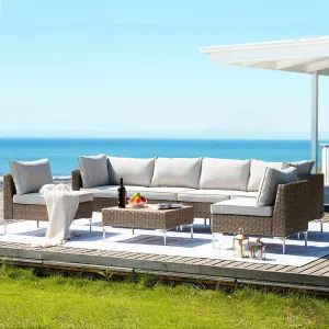 Homrest 7 Pcs Patio Rattan Furniture Sets with Tea Table, Beige