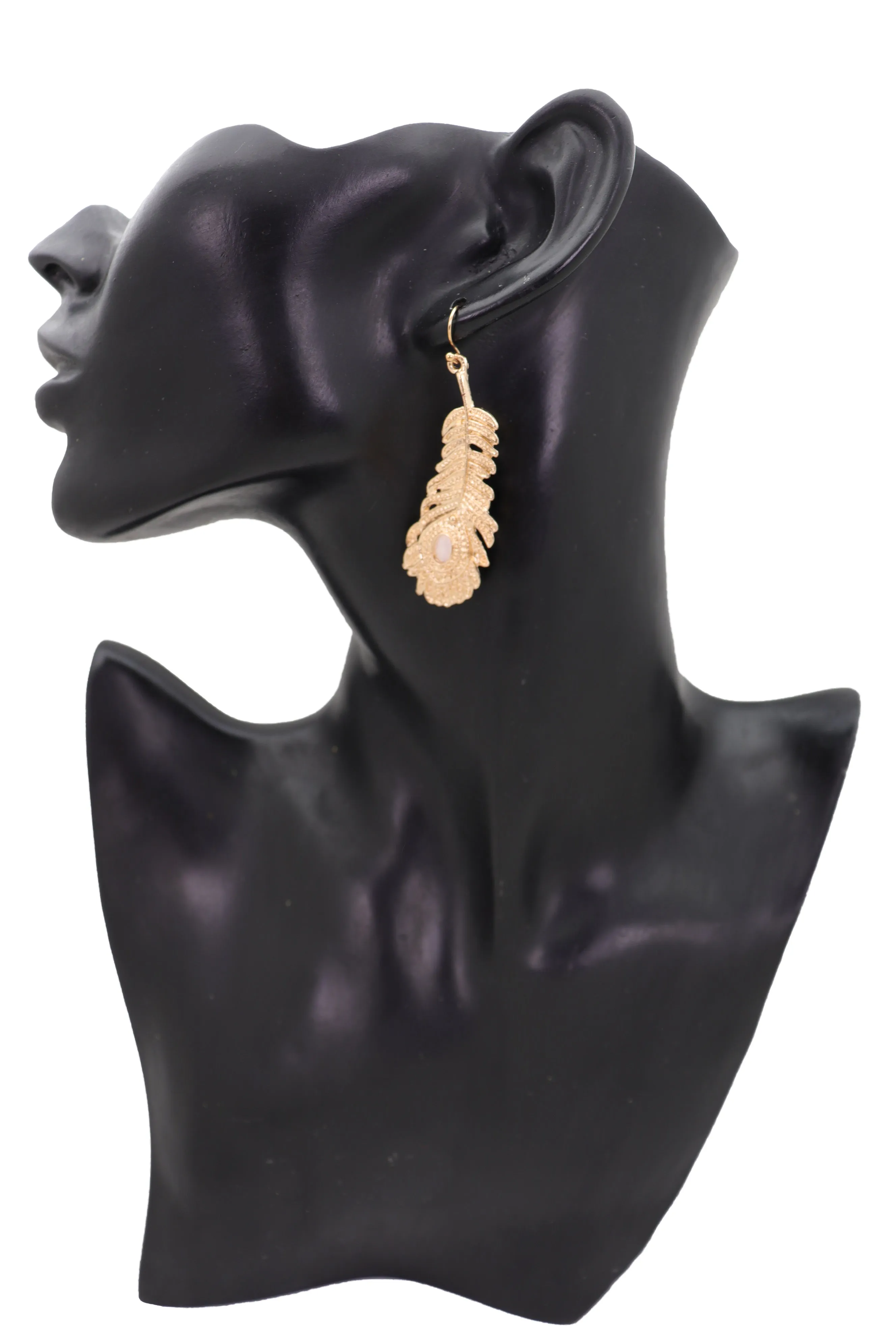 Hook Earrings Gold Metal Bird Feather Peacock White Beads