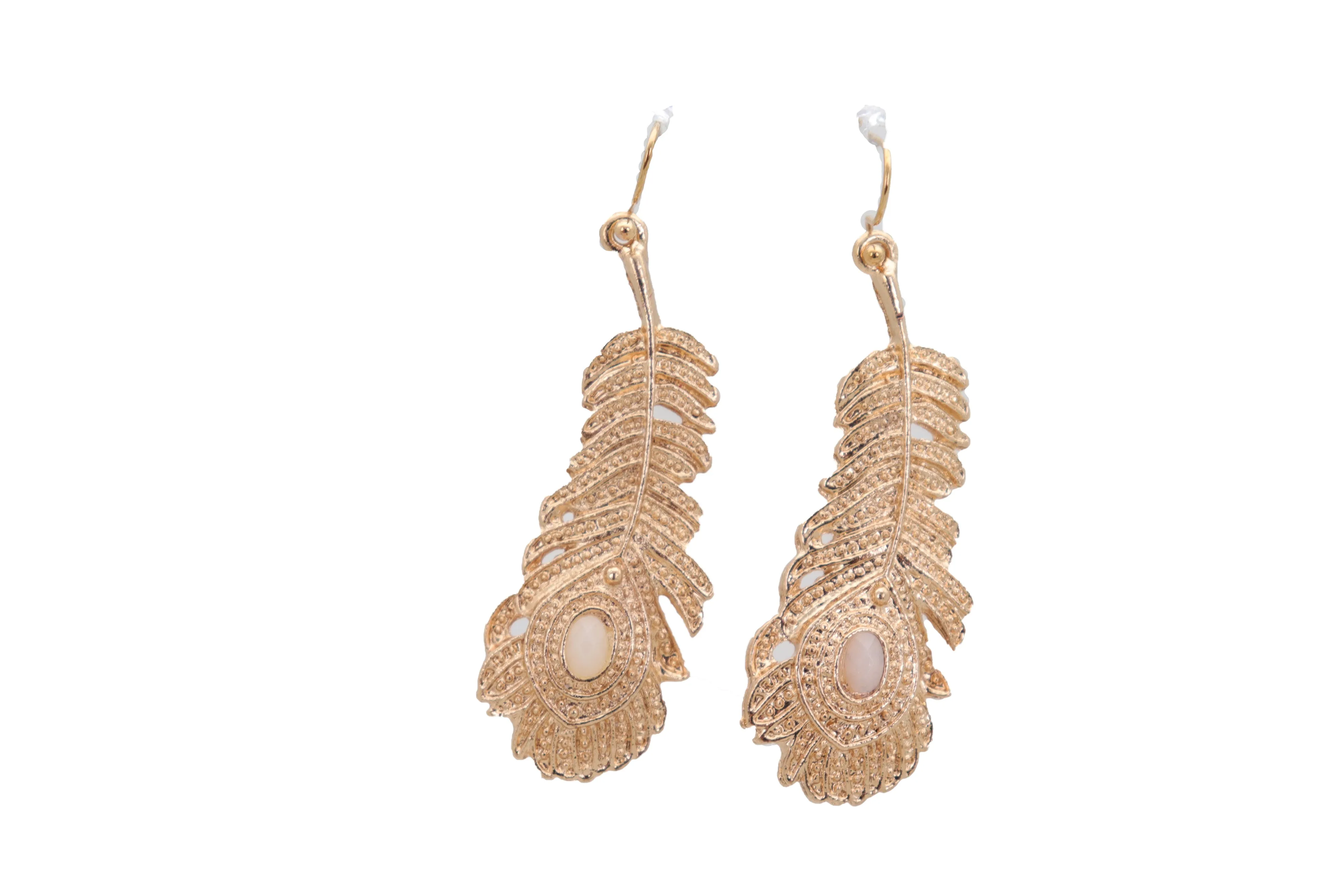 Hook Earrings Gold Metal Bird Feather Peacock White Beads