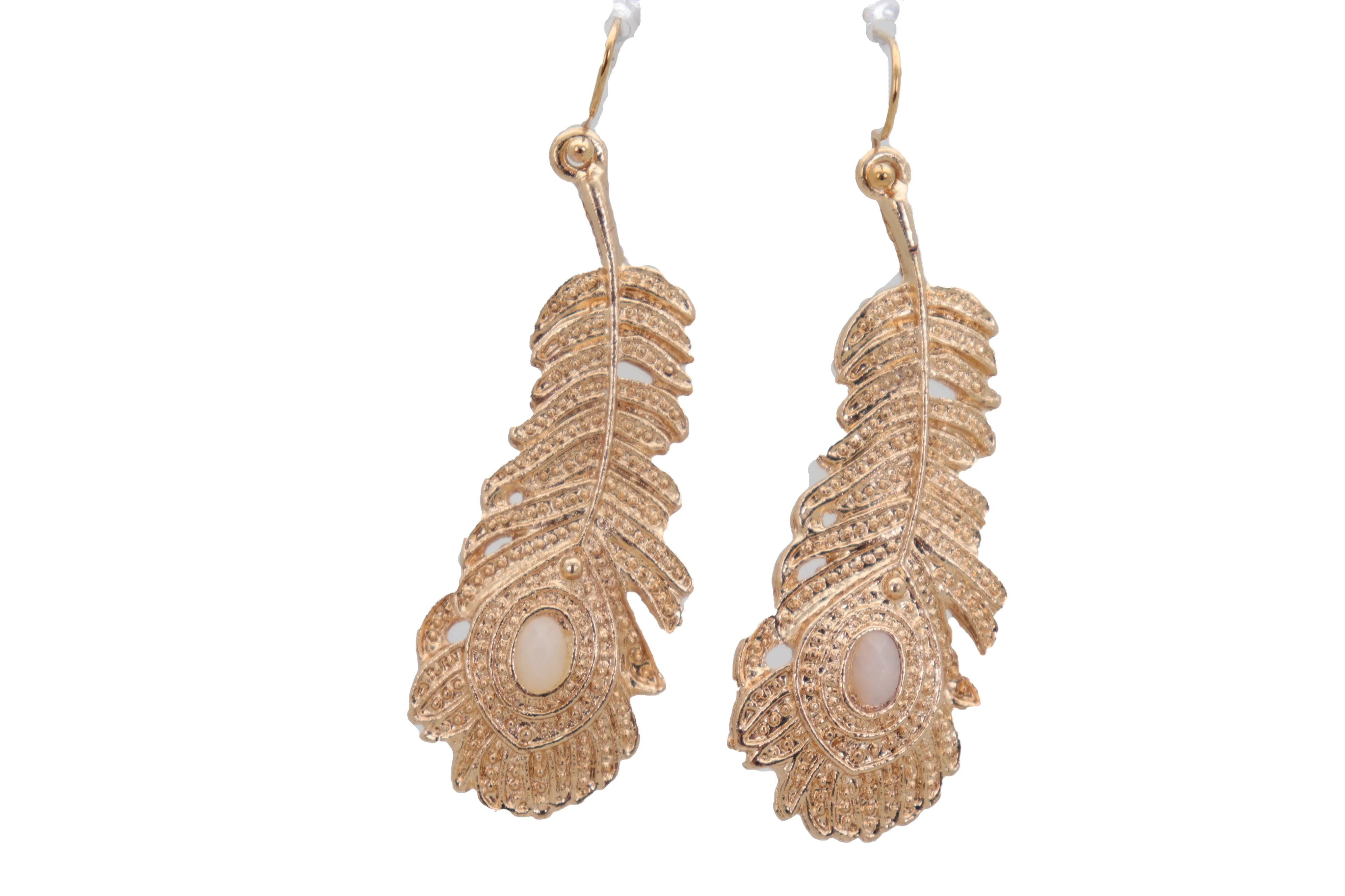 Hook Earrings Gold Metal Bird Feather Peacock White Beads