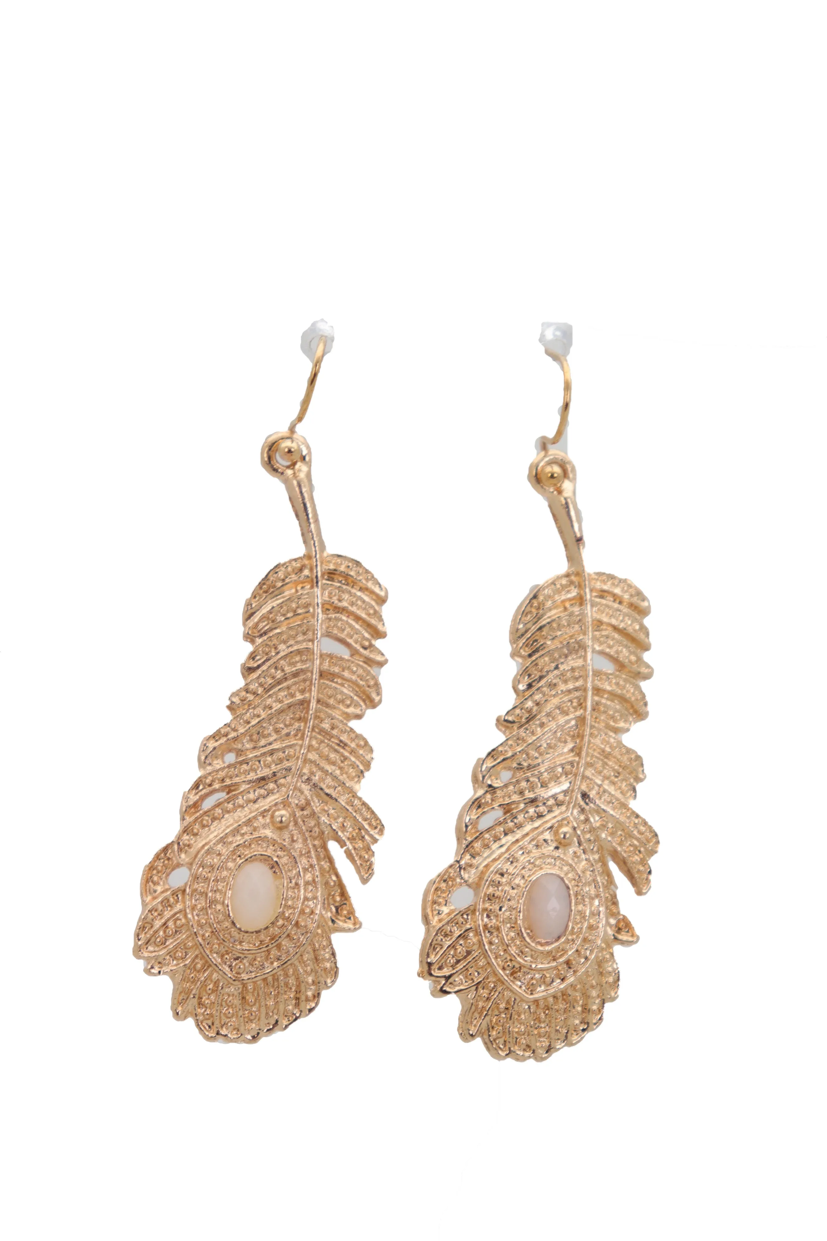 Hook Earrings Gold Metal Bird Feather Peacock White Beads