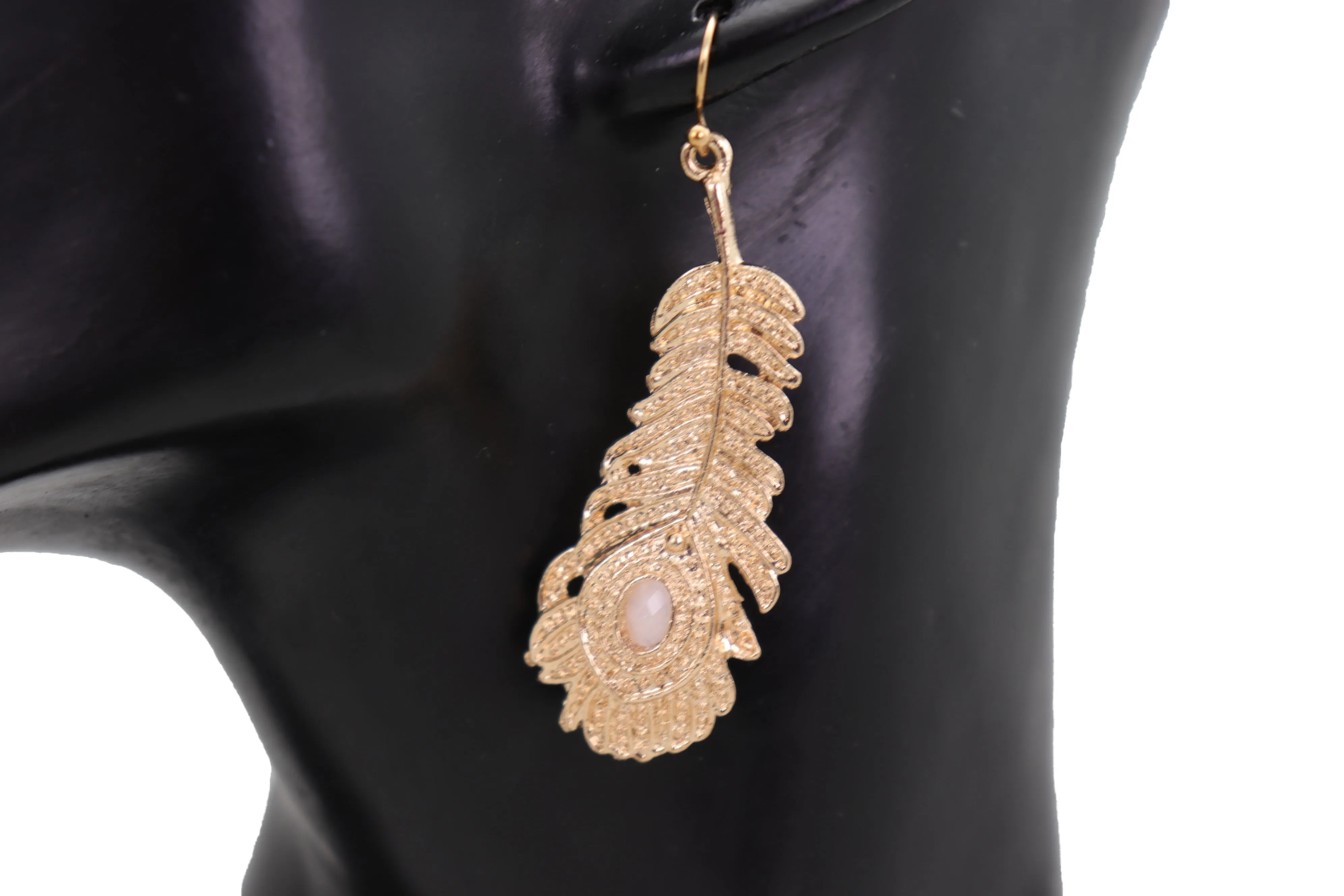 Hook Earrings Gold Metal Bird Feather Peacock White Beads