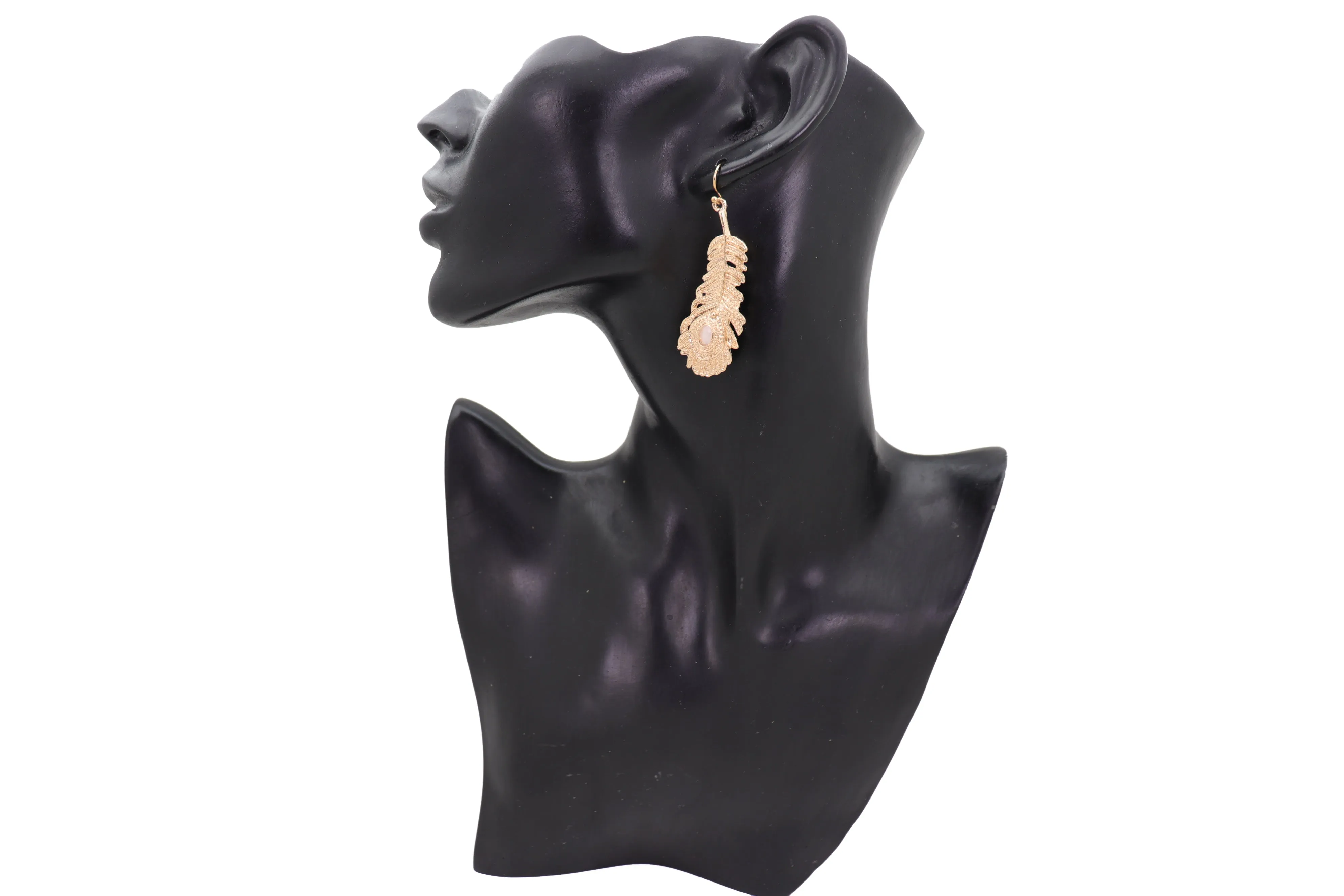 Hook Earrings Gold Metal Bird Feather Peacock White Beads