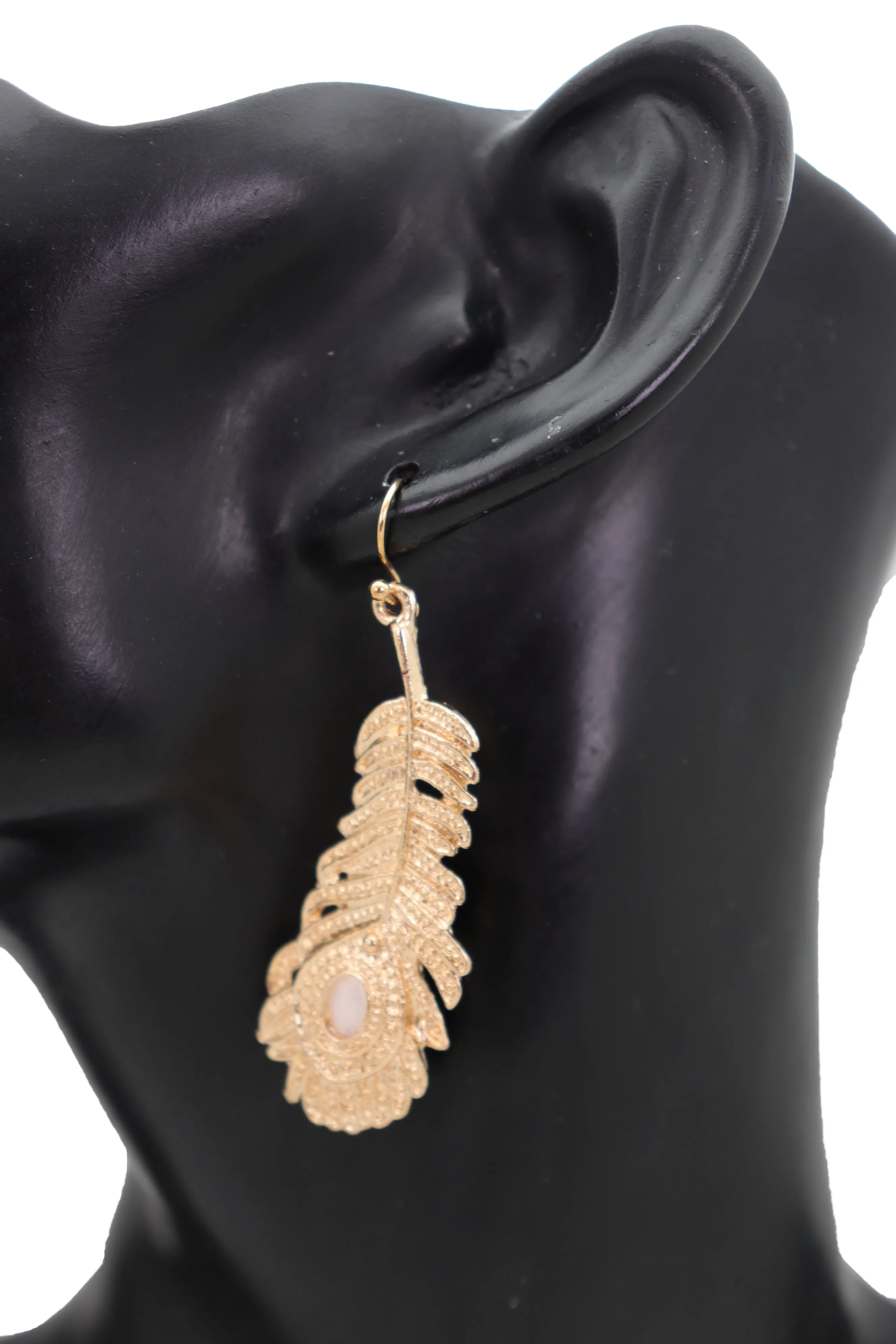 Hook Earrings Gold Metal Bird Feather Peacock White Beads