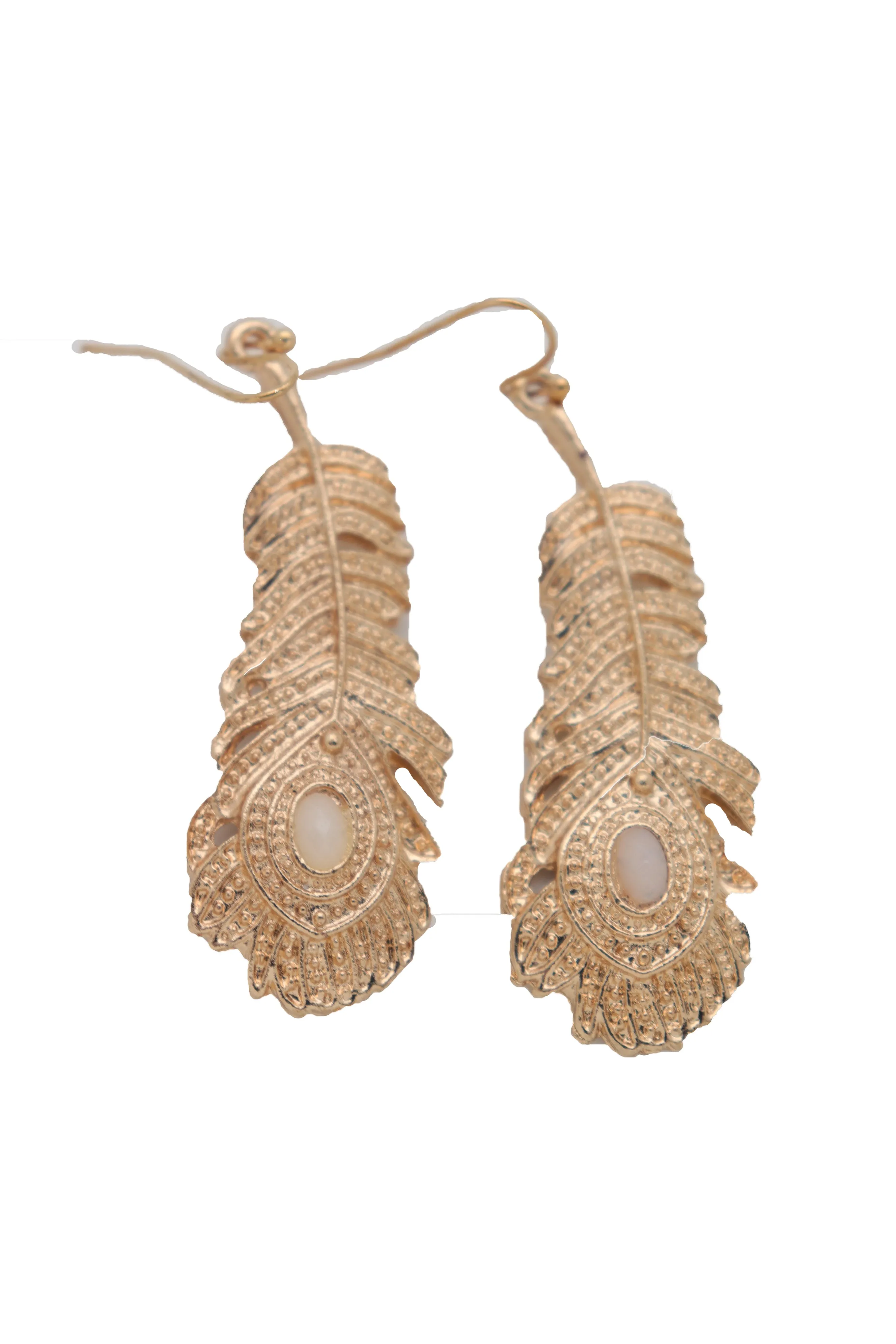 Hook Earrings Gold Metal Bird Feather Peacock White Beads