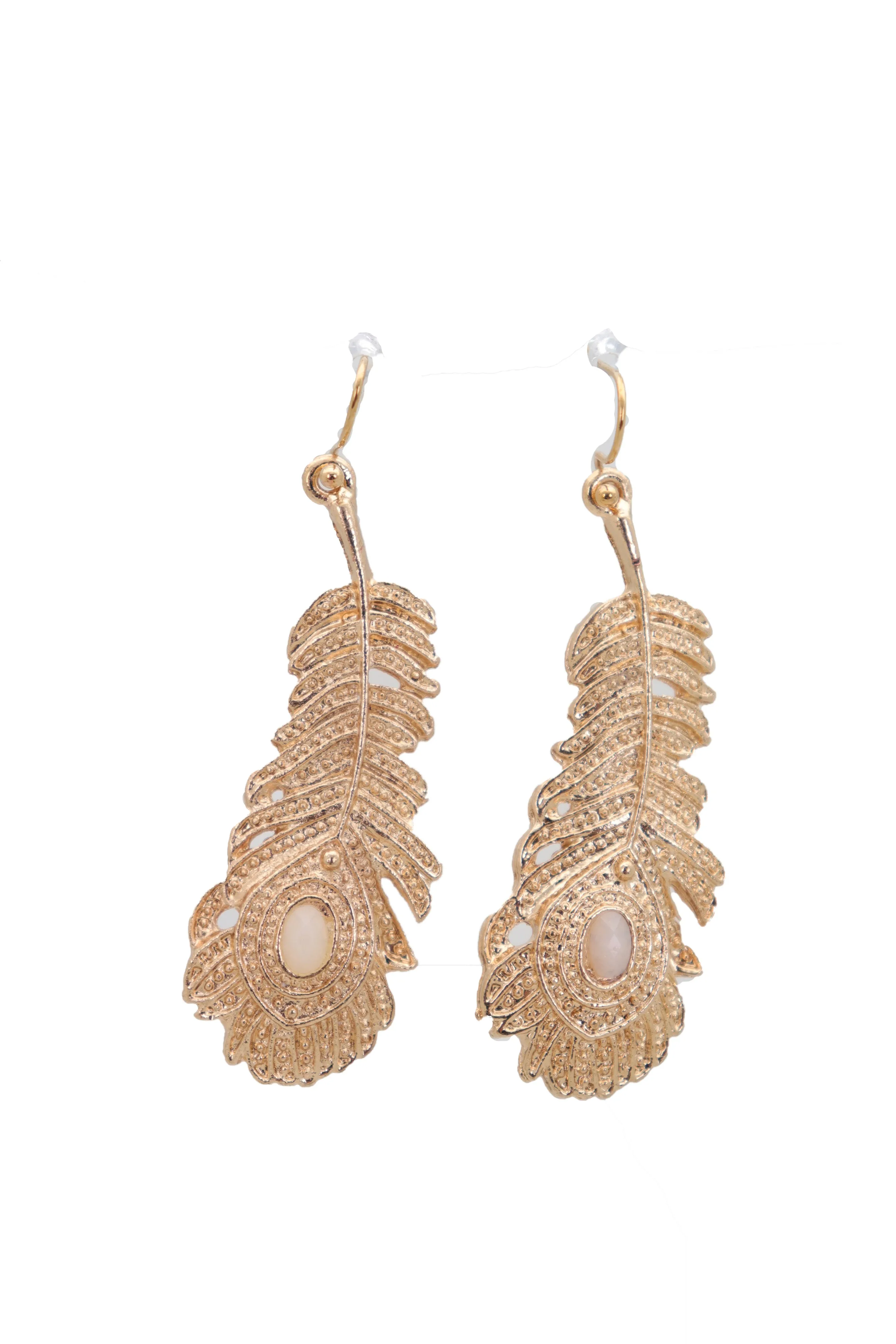 Hook Earrings Gold Metal Bird Feather Peacock White Beads