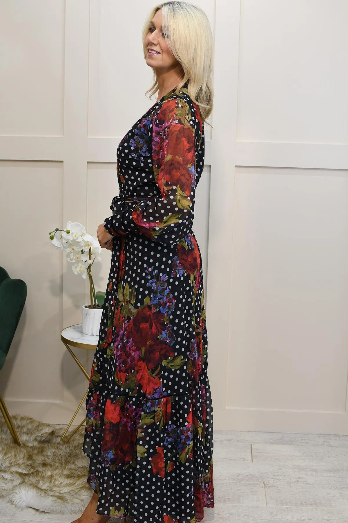 Hope & Ivy Black Tie Waist Velvet Trim Maxi Wrap Dress with Blouson Sleeve- Moni