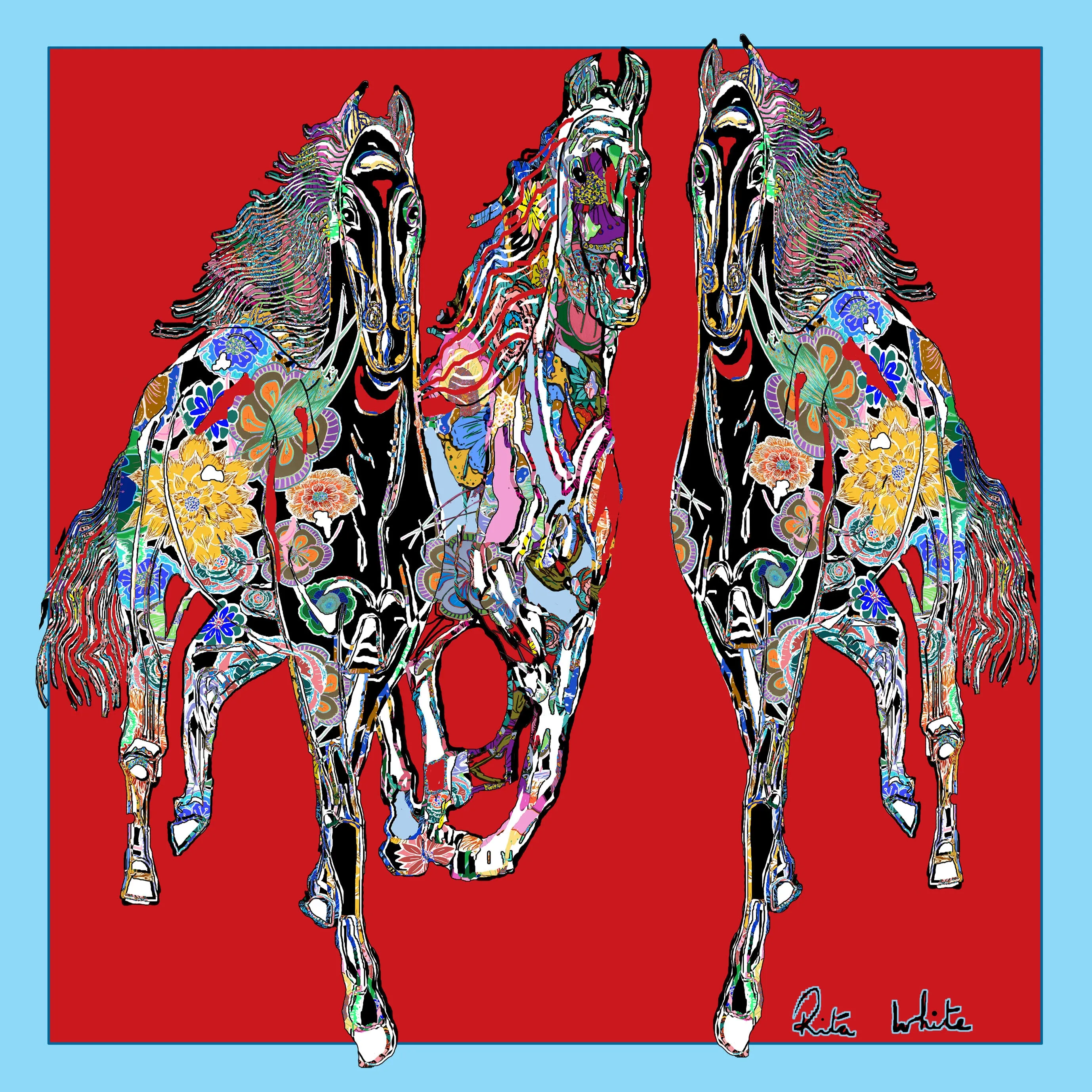 Horse Gallop, Red Neckerchief/Pocket Square, 45cm Square