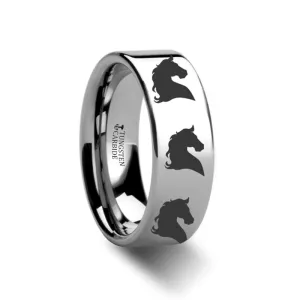 Horse Head Print Laser Engraved Flat Polished Tungsten Couple Matching Ring - 4MM - 12MM