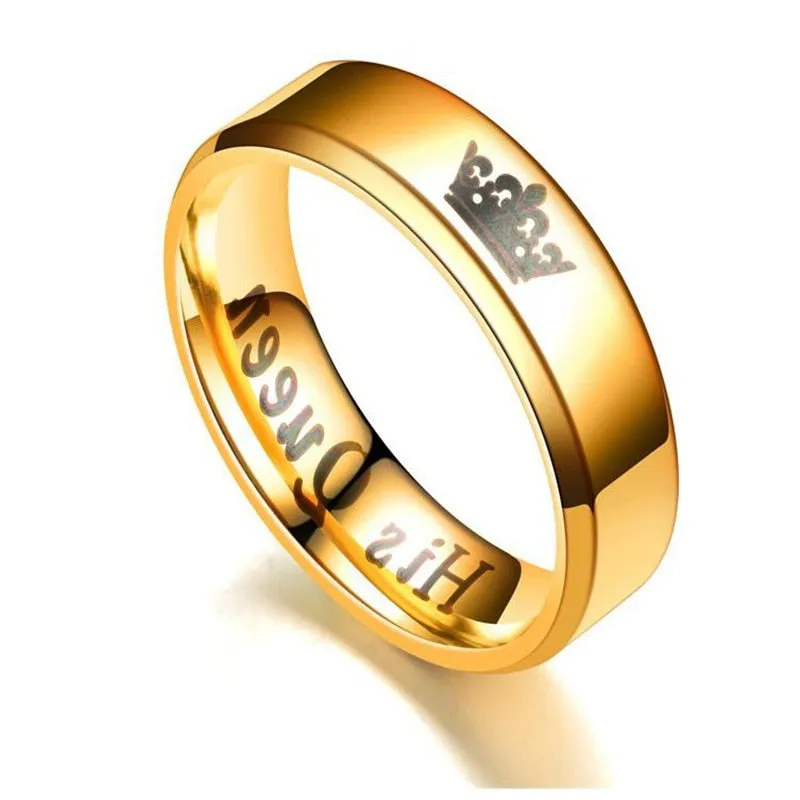 Hot Sale 1Pcs 3 Colors Titanium His Queen Her King DIY Engraved Couple Ring Romantic Engagement Wedding Rings for Lover Jewelry