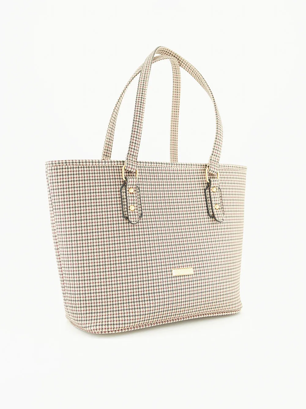 Houndstooth Tote Bag.Gold Trims.