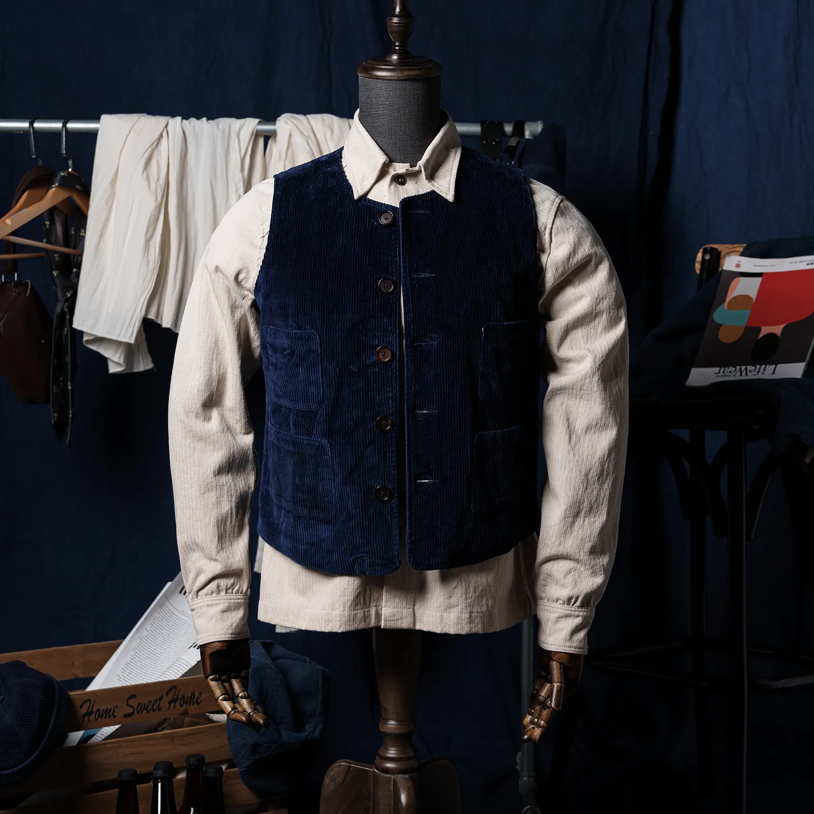 Huang's Weaving Indigo Blue Dyed Vest Heavy Cotton Corduroy Retro Casual Vest