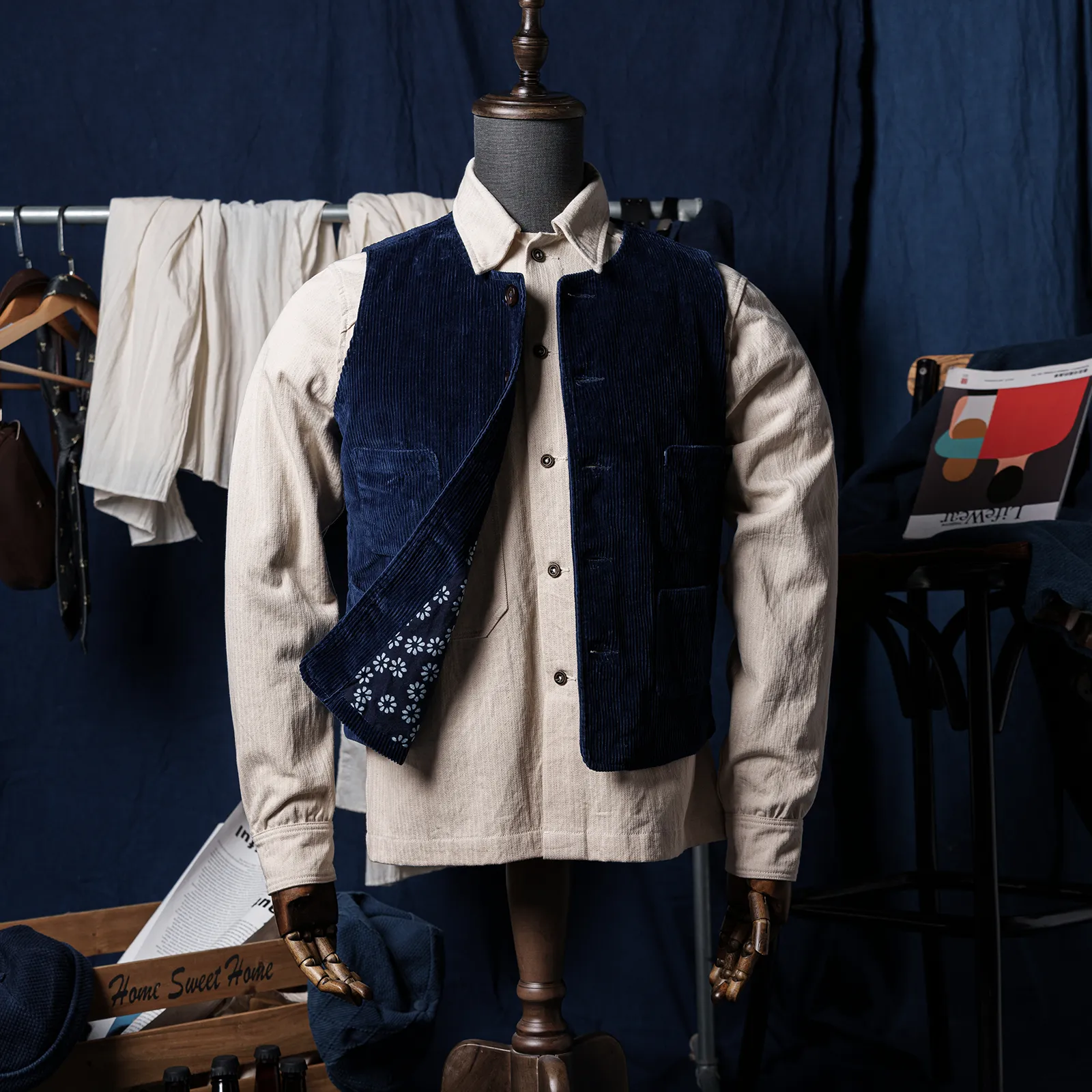 Huang's Weaving Indigo Blue Dyed Vest Heavy Cotton Corduroy Retro Casual Vest