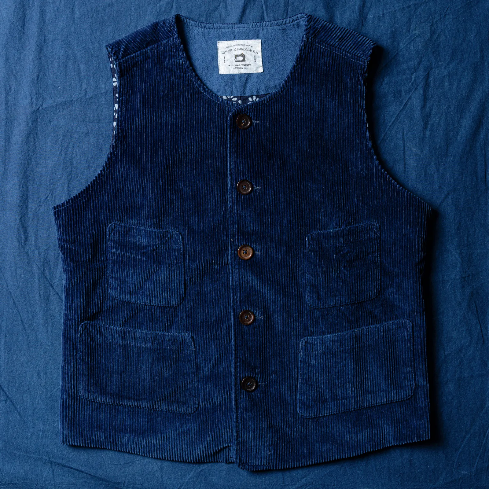 Huang's Weaving Indigo Blue Dyed Vest Heavy Cotton Corduroy Retro Casual Vest