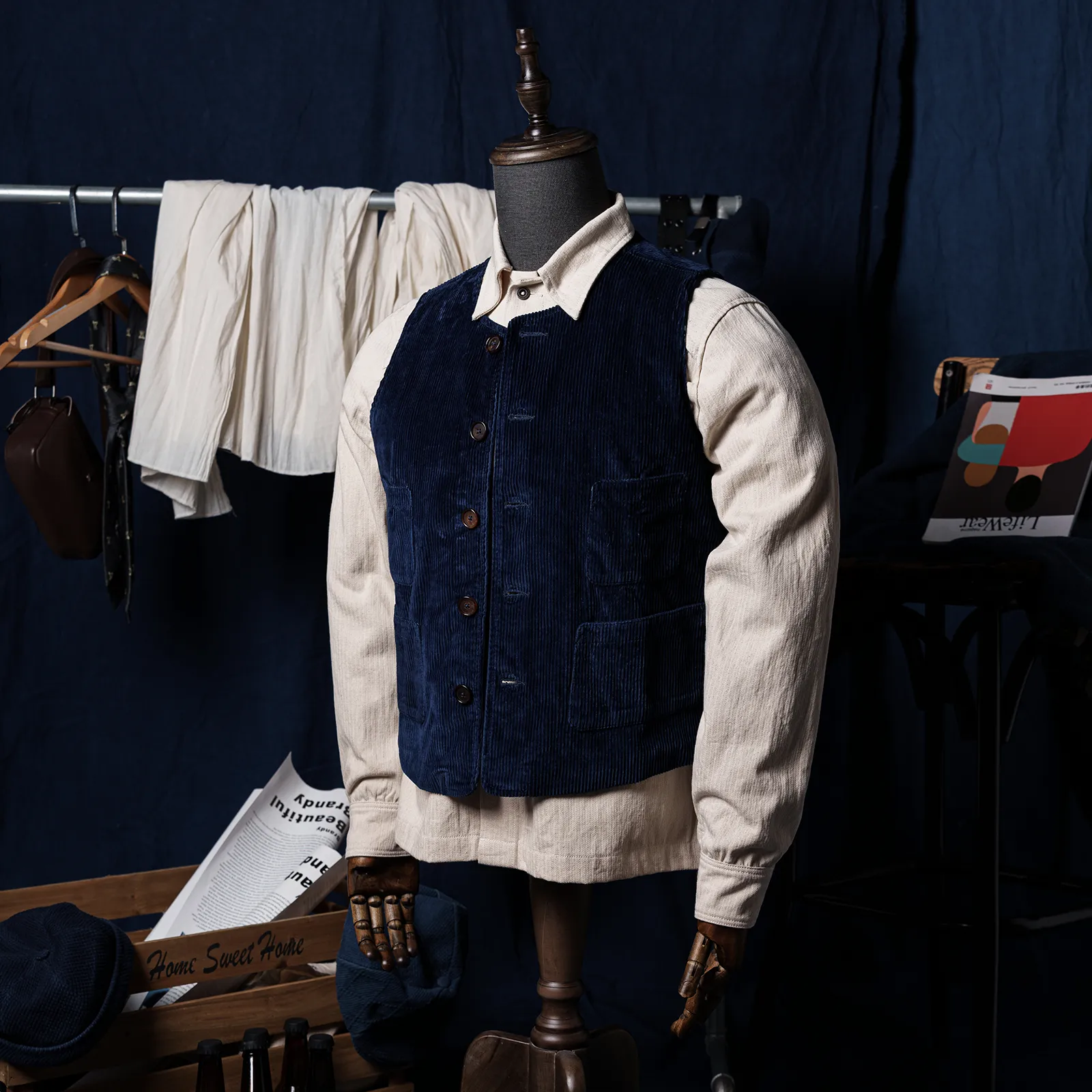 Huang's Weaving Indigo Blue Dyed Vest Heavy Cotton Corduroy Retro Casual Vest