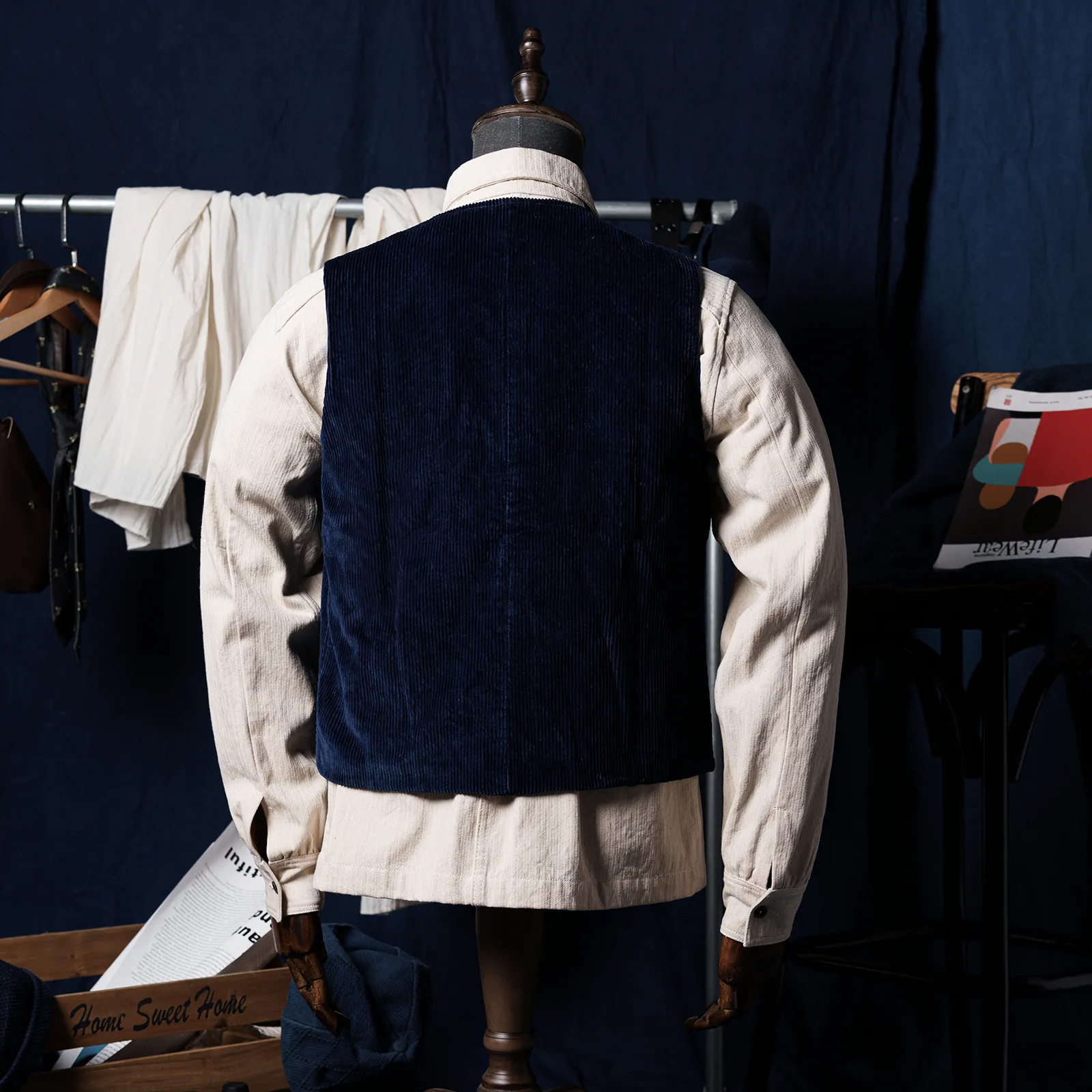 Huang's Weaving Indigo Blue Dyed Vest Heavy Cotton Corduroy Retro Casual Vest