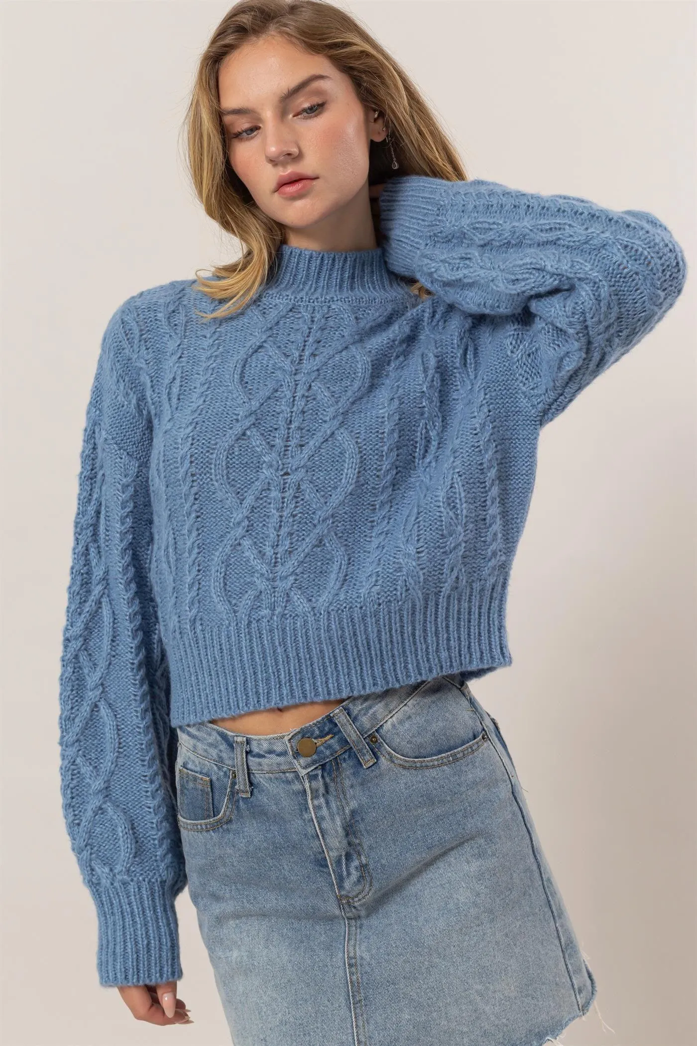 HYFVE Cable-Knit Sweater Women Mock Neck Long Sleeve Gray Blue Pullover