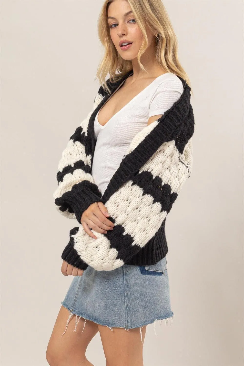 HYFVE Scallop Striped Cardigan Open Front Long Sleeve Sweater
