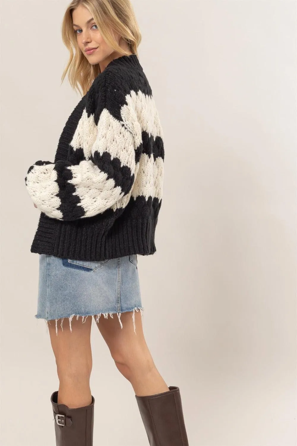 HYFVE Scallop Striped Cardigan Open Front Long Sleeve Sweater