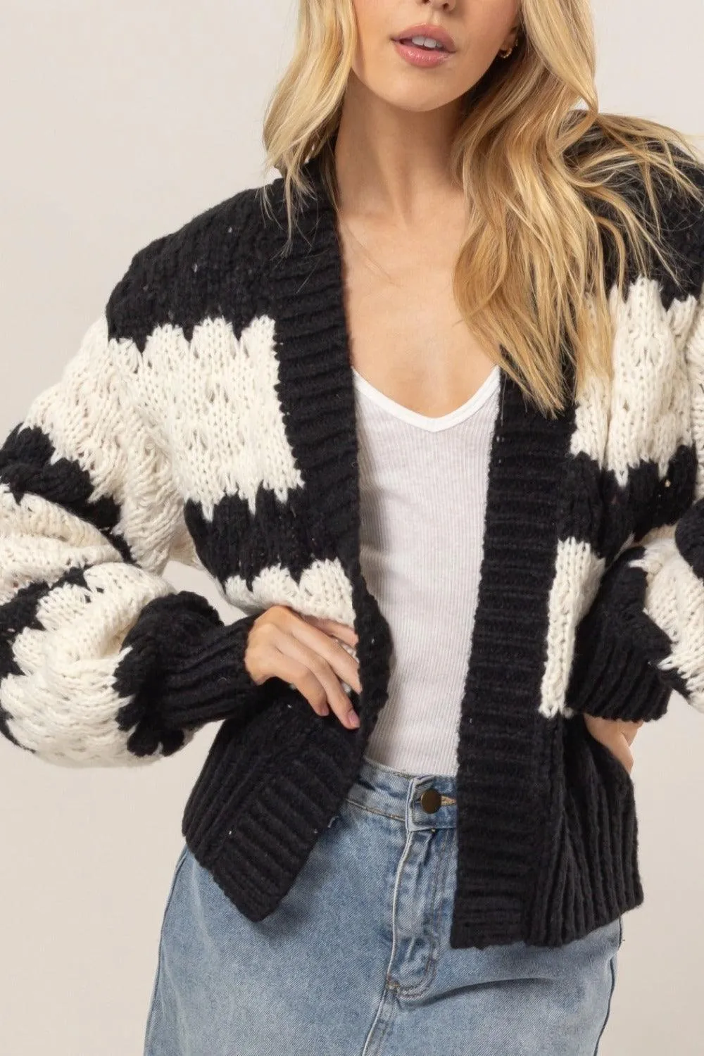 HYFVE Scallop Striped Cardigan Open Front Long Sleeve Sweater