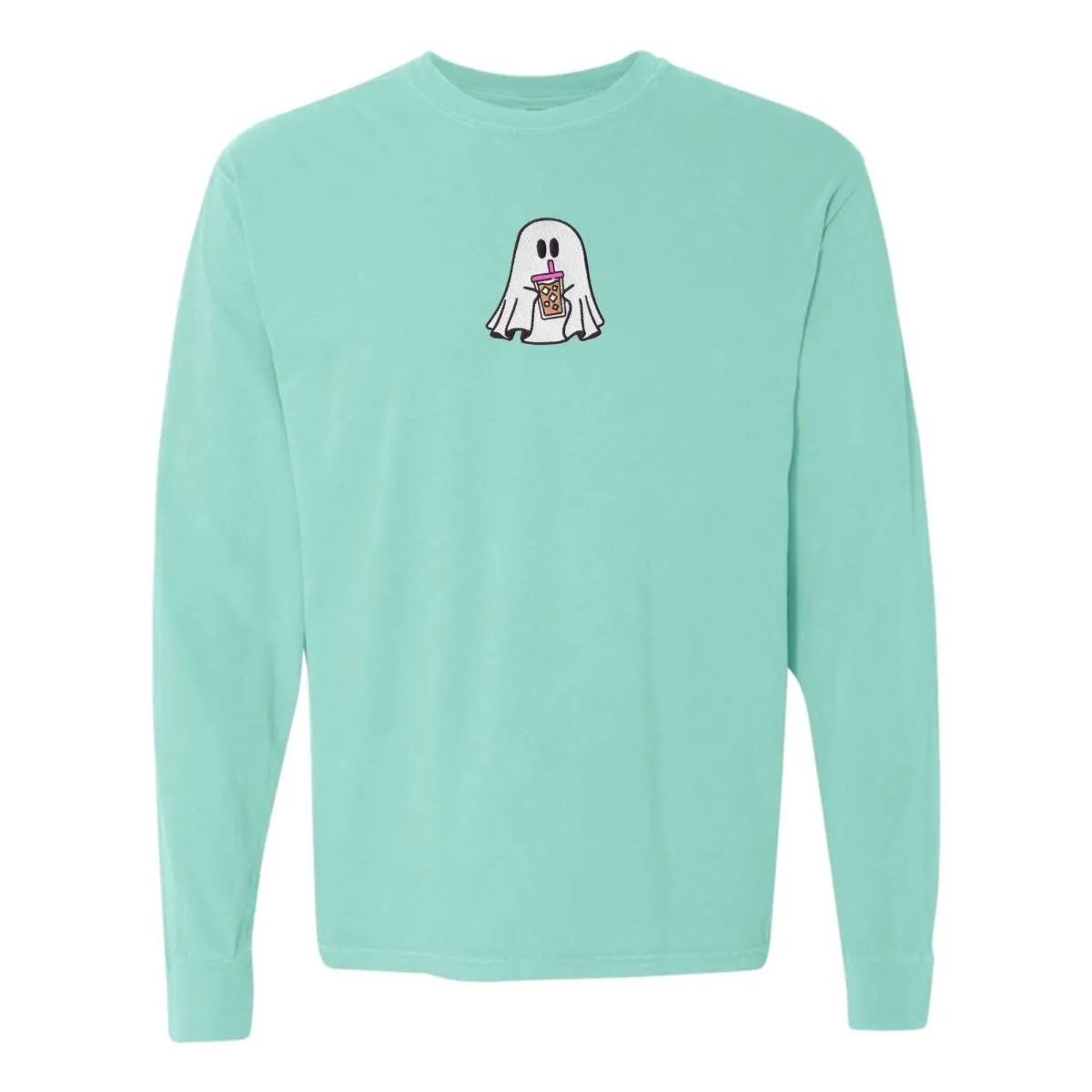'Iced Coffee Ghost' Embroidered Long Sleeve T-Shirt