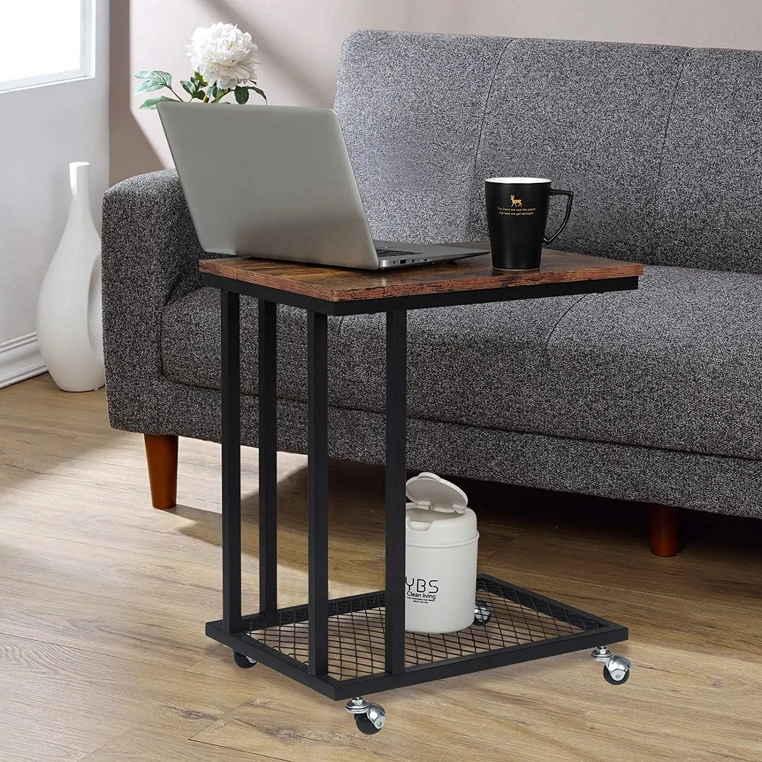 INDIAN DECOR 48208 Classic Metal Sofa Side Table Coffee Table Sofa Side Table with Wheels Small Coffee Table in MDF and Iron - Black