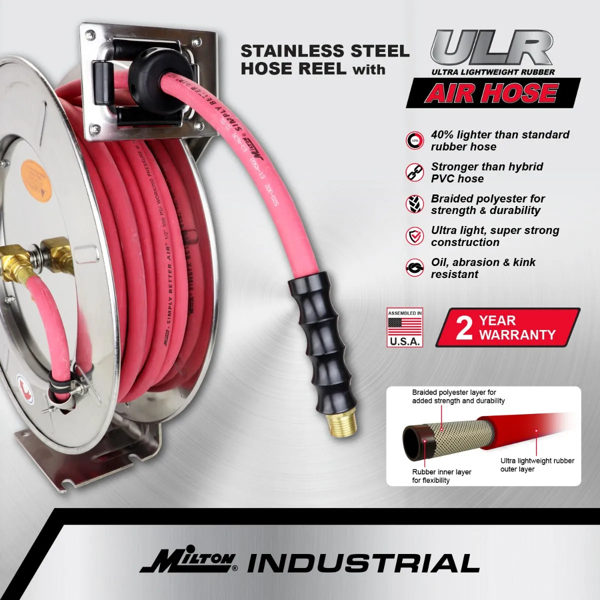 Industrial Stainless Steel Hose Reel Retractable, 1/2" ID x 25' Ultra-Lightweight Rubber Hose w/ 3/8" NPT, 300 PSI