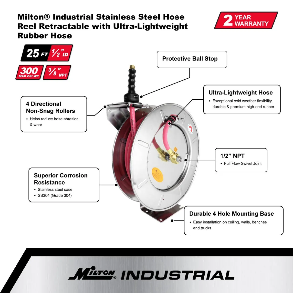 Industrial Stainless Steel Hose Reel Retractable, 1/2" ID x 25' Ultra-Lightweight Rubber Hose w/ 3/8" NPT, 300 PSI