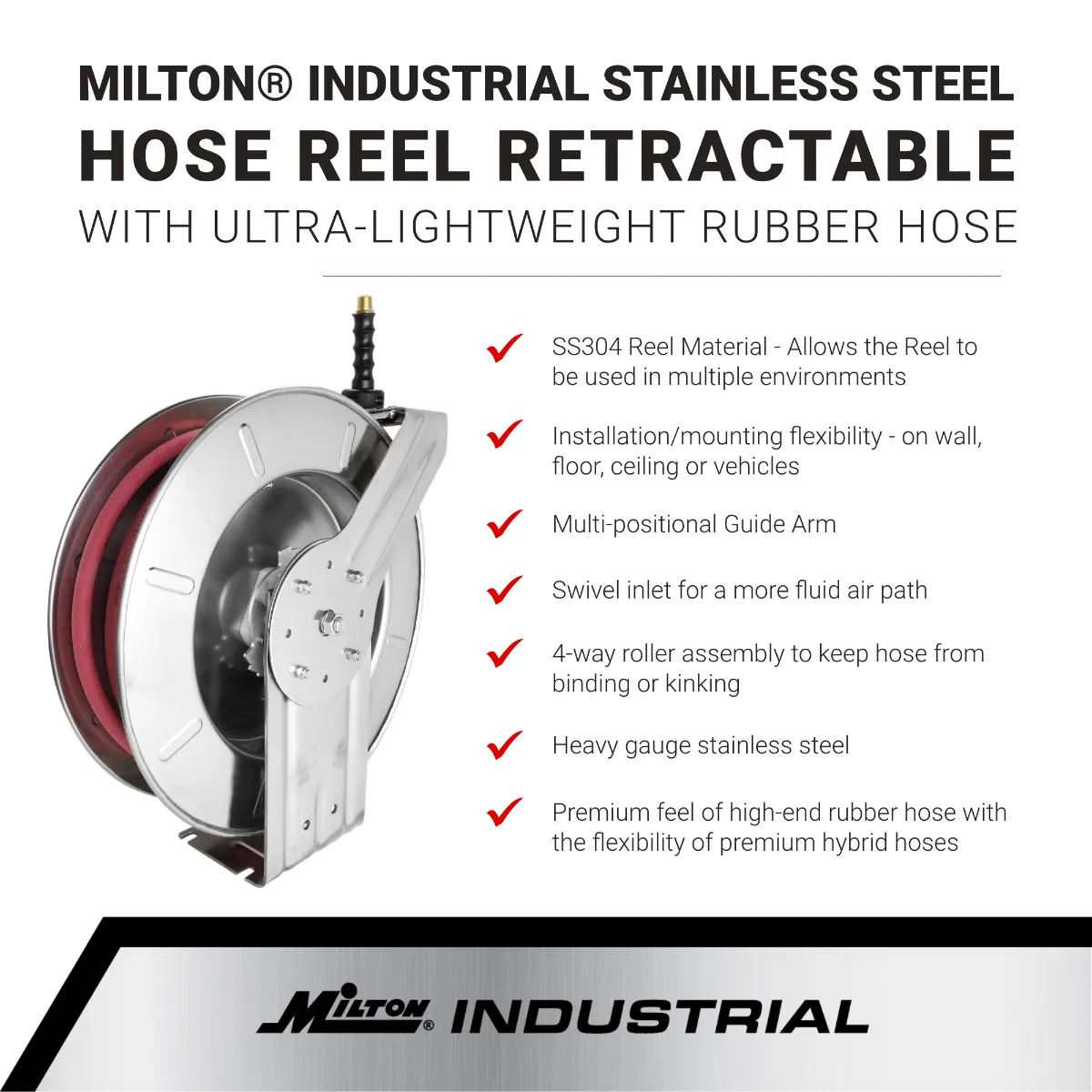 Industrial Stainless Steel Hose Reel Retractable, 1/2" ID x 25' Ultra-Lightweight Rubber Hose w/ 3/8" NPT, 300 PSI