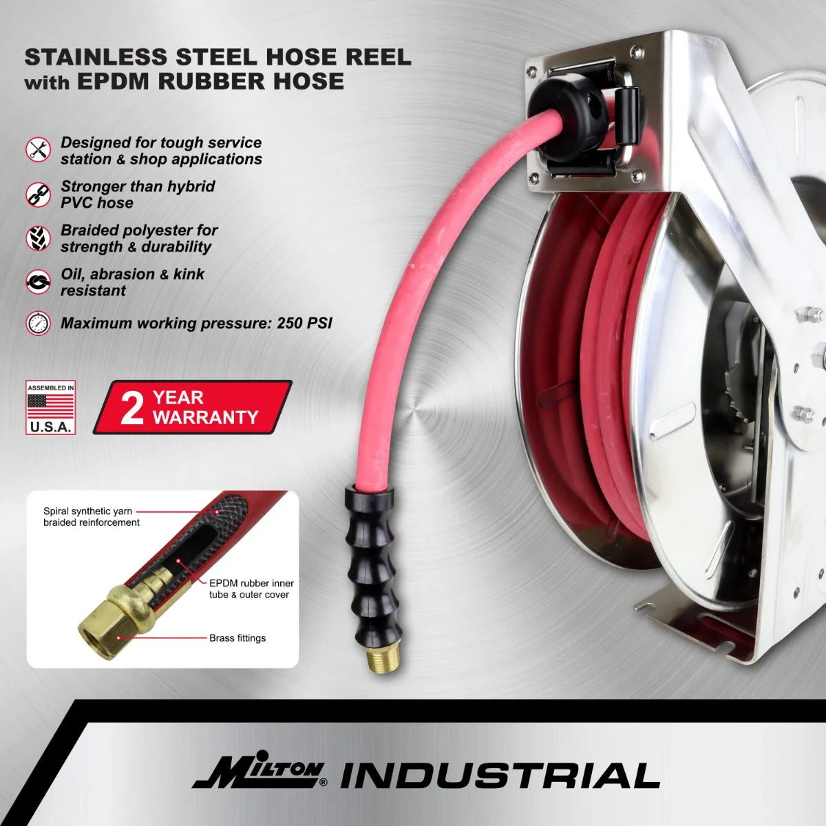 Industrial Stainless Steel Hose Reel Retractable, 3/8" ID x 50' EPDM Hose w/ 1/4" NPT, 300 PSI