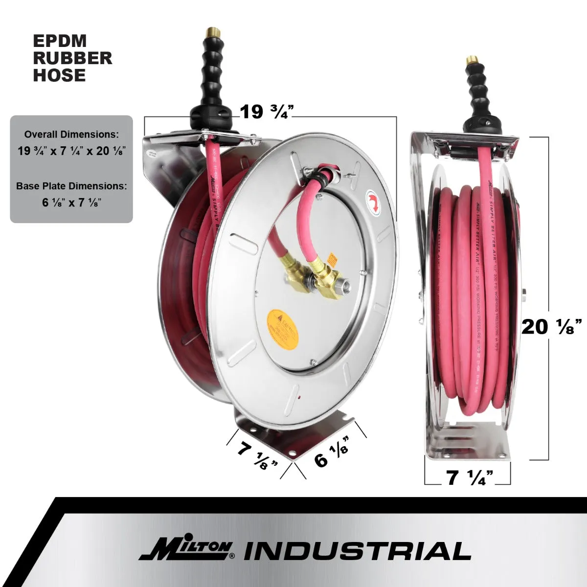 Industrial Stainless Steel Hose Reel Retractable, 3/8" ID x 50' EPDM Hose w/ 1/4" NPT, 300 PSI