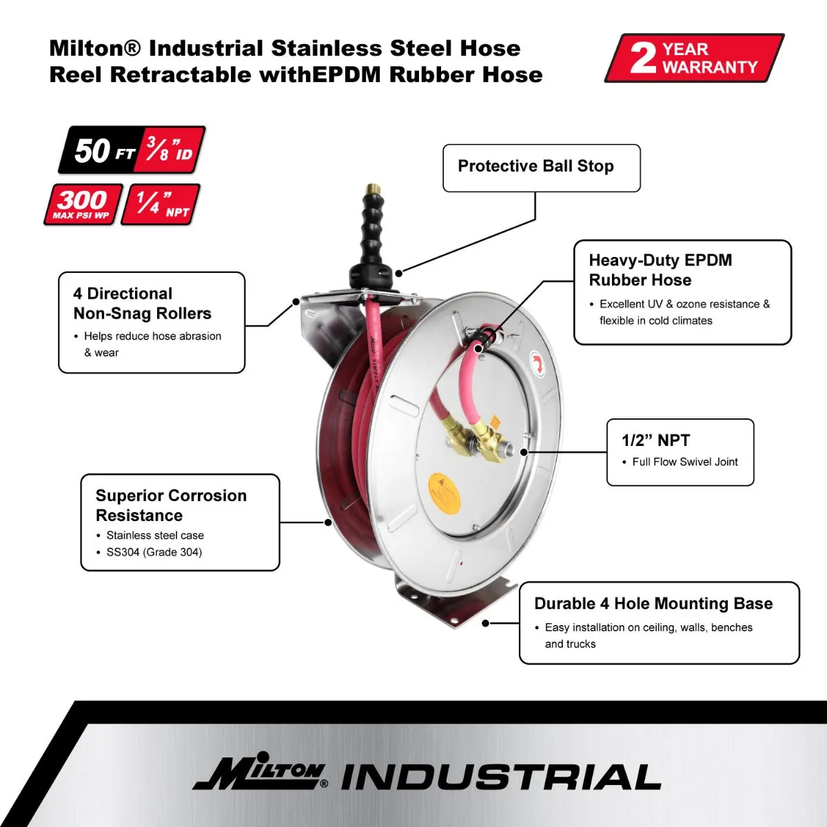 Industrial Stainless Steel Hose Reel Retractable, 3/8" ID x 50' EPDM Hose w/ 1/4" NPT, 300 PSI