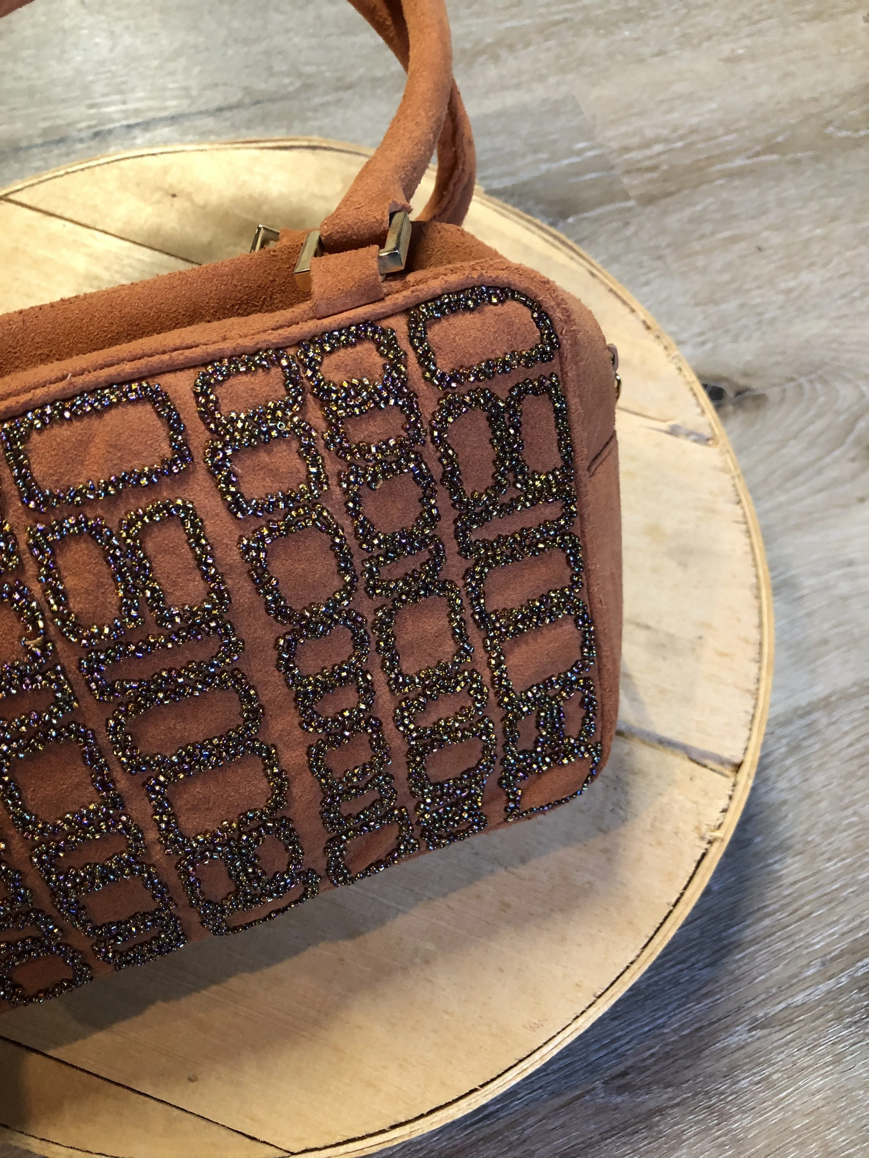Inge Christopher Orange Suede Beaded Handbag