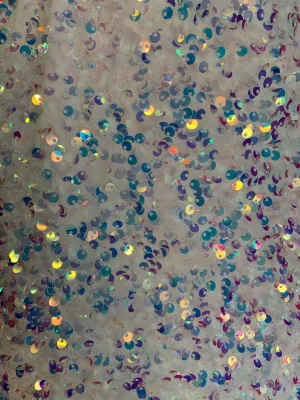 Iridescent Ice-Blue Mermaid Sequin on White Stretch Velvet Spandex Fabric