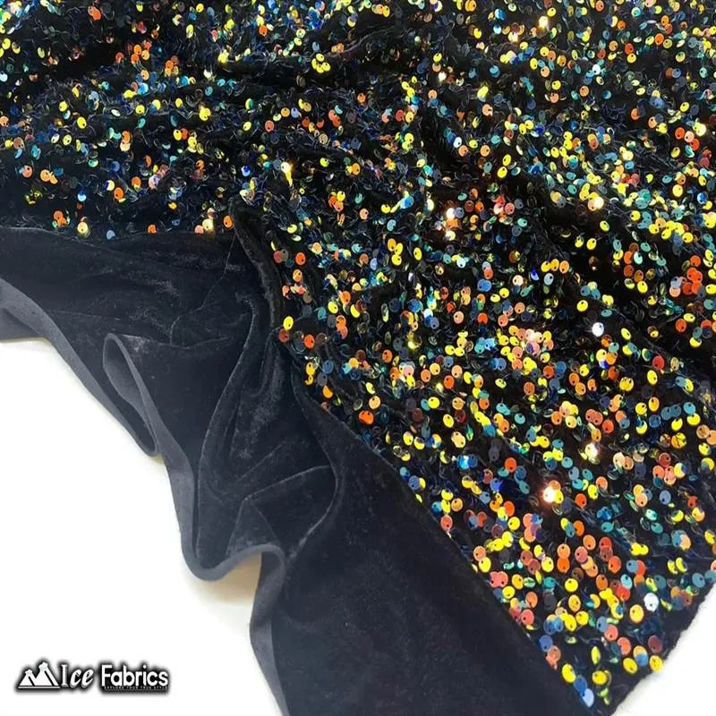 Iridescent Purple Orange on Black Emma Stretch Velvet Fabric with Embroidery Sequin