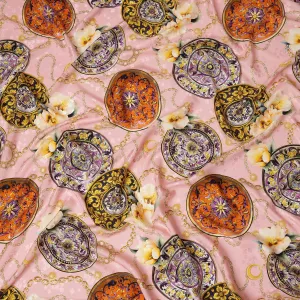 Italian Silk Satin Fabric with Ornate Medallion Design on Soft Pink Background – 150 cm Width-D20330