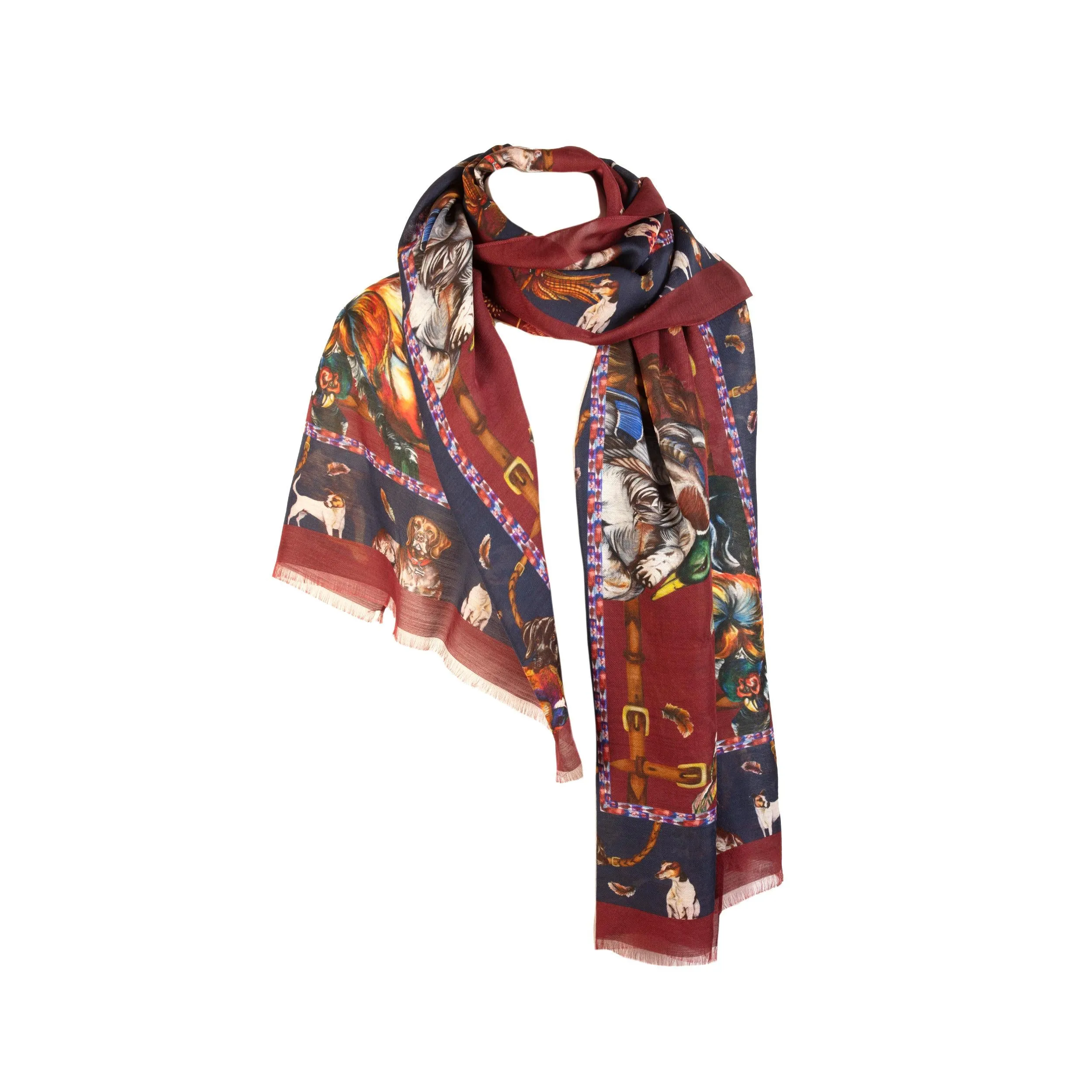 It’s A Dog's Life Claret Red and Navy Blue Wool Silk Wrap