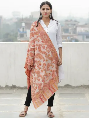 Ivory Red Yellow Kaani Jamawar Weaved Pure Cashmere Wool Stole - S200622