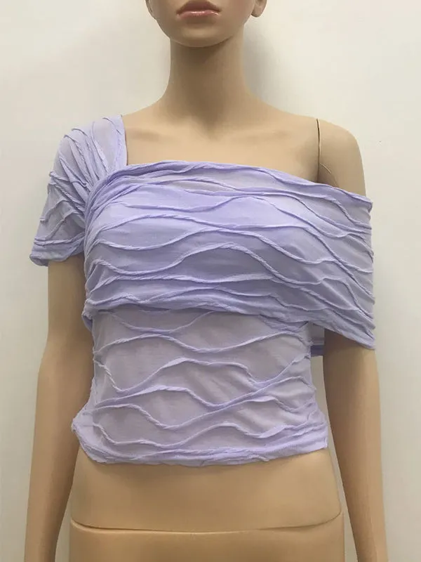 Jacquard Pleated Solid Color Skinny Wrap Off-The-Shoulder Shirts Tops