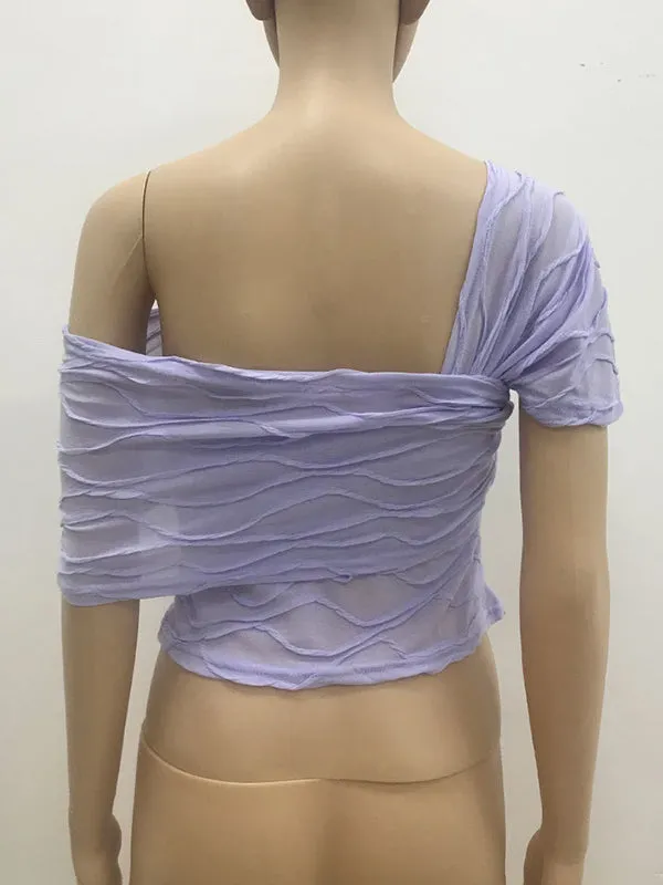 Jacquard Pleated Solid Color Skinny Wrap Off-The-Shoulder Shirts Tops