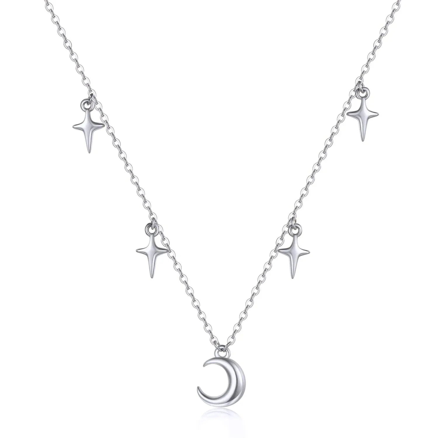 JC - Women's Evil Eye Necklace: Silver link chain with moon and blue evil eye charm