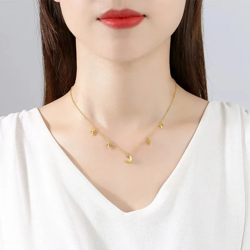 JC - Women's Evil Eye Necklace: Silver link chain with moon and blue evil eye charm