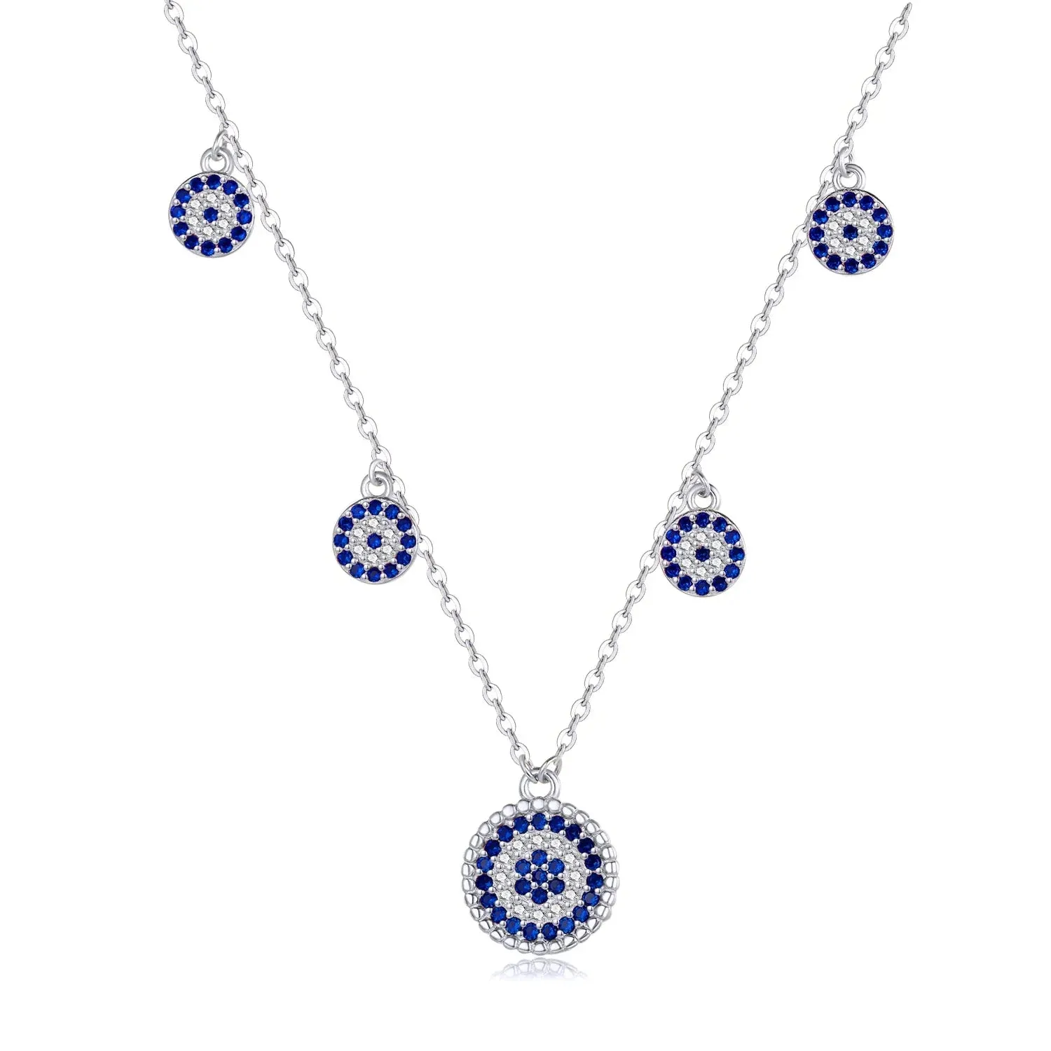 JC - Women's Evil Eye Necklace: Silver link chain with moon and blue evil eye charm
