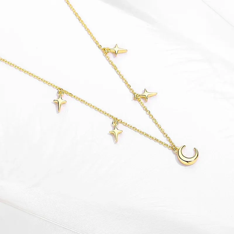 JC - Women's Evil Eye Necklace: Silver link chain with moon and blue evil eye charm